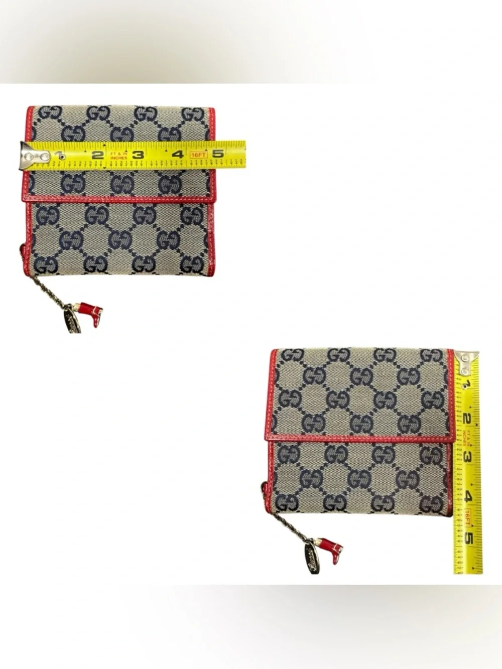 Gucci GG Monogram Navy Canvas & Red Leather Boot Charm Compact Bifold Wallet - Picture 15 of 16